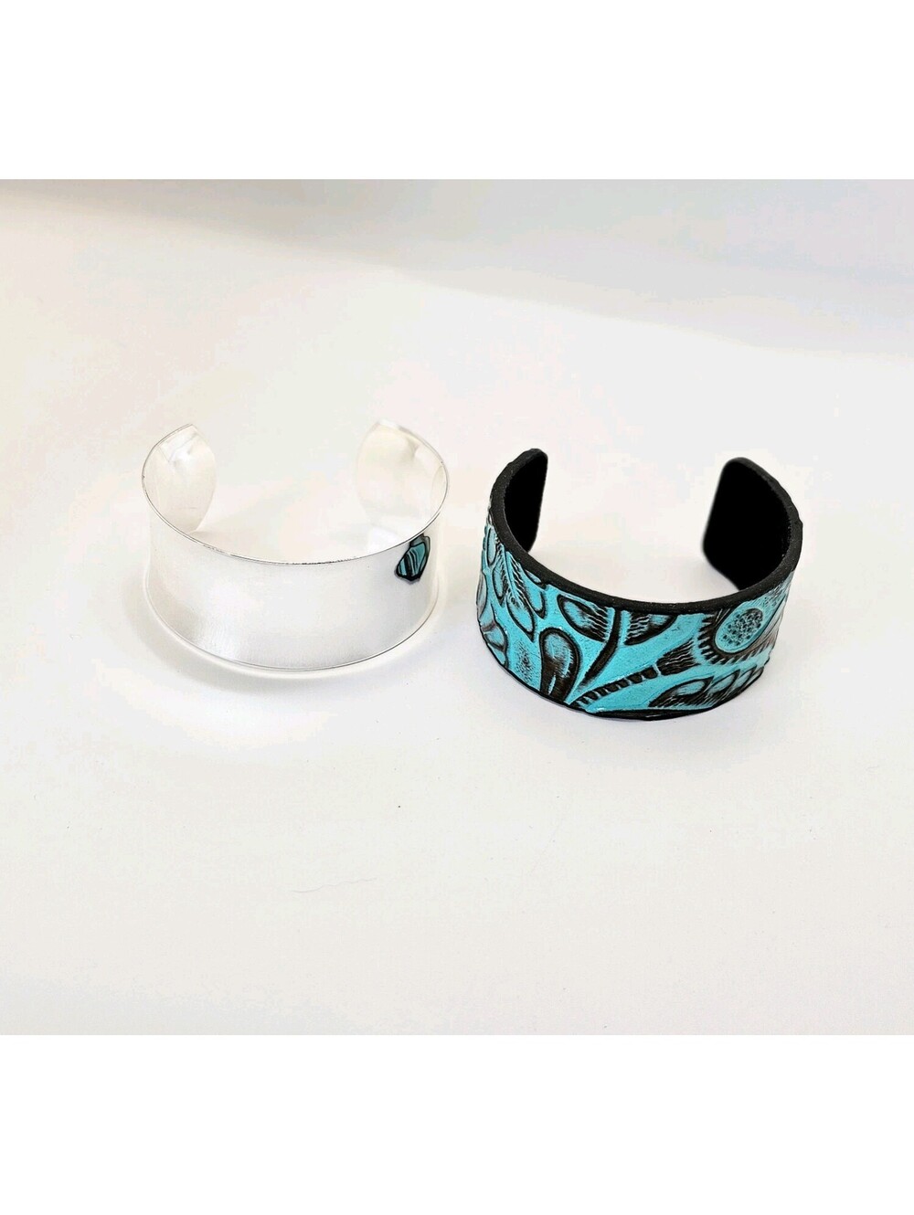 Turquoise Vegan Leather & Silver Cuff Bracelet Set – Adjustable Boho to 7 Inches